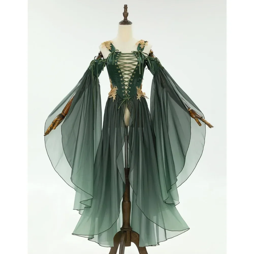 DAIZBELLA-fantasia de cosplay estilo elfo para mulheres, renascimento medieval feminino, único vestido verde com mangas, Halloween