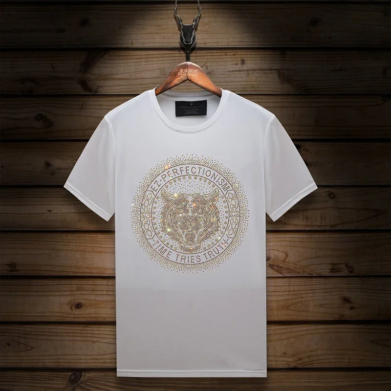 High Quality Rhinestones T Shirt Men Fashion Clothing 2024 O Neck Short Sleeve Slim Summer Thin Casual T-shirts Plus Size 6XL