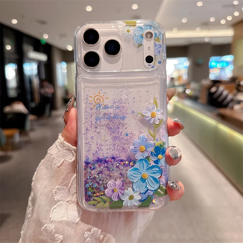 เคสโทรศัพท์ iPhone 17 16 15 Pro Max ลายภาพวาดสีน้ำมัน ประกายกลิตเตอร์ ทรายไหล เคลือบเงา วัสดุเหลว