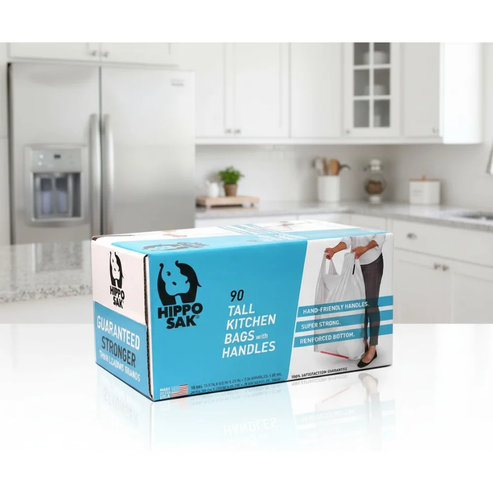 

Tall Kitchen Garbage Bags with Ergonomic Handles - 13 Gallon Super Strong Leak Proof Heavy Duty Trash Bags (90 Count)