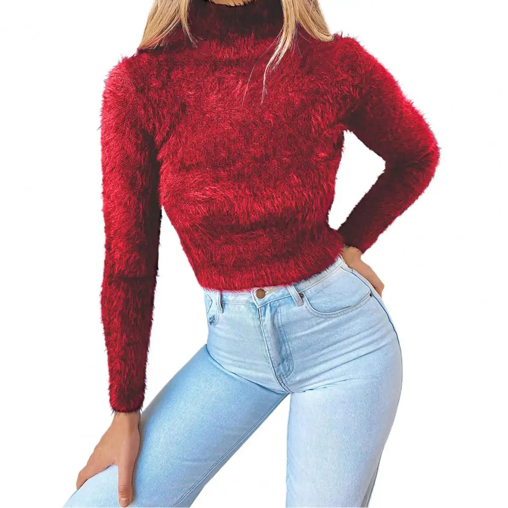 Women Autumn Winter Solid Color Long Sleeve Turtleneck Plush Crop Sweater Top Autumn Winter New Ladies Skinny Slim