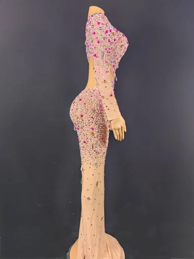Trajes de palco de luxo feminino único manga longa cortar pérolas miçangas cravejado cristal spadex longo elástico vestidos de festa à noite