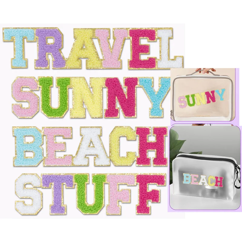 10pc Word Patches Stick on English TRAVEL/SNACKS/SUNNY/BEACH Decoration Sticker For Stuff Bag