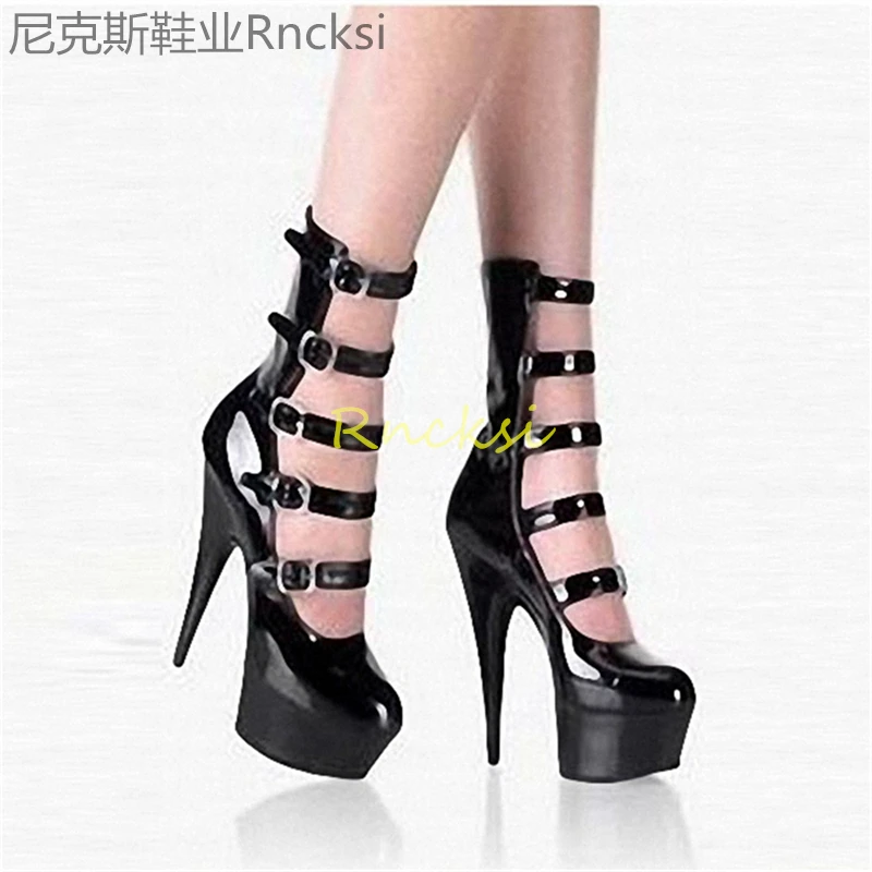 

Rncksi 15cm low boot boots with multiple straps decorative high women's shoes sexy nightclub shoes