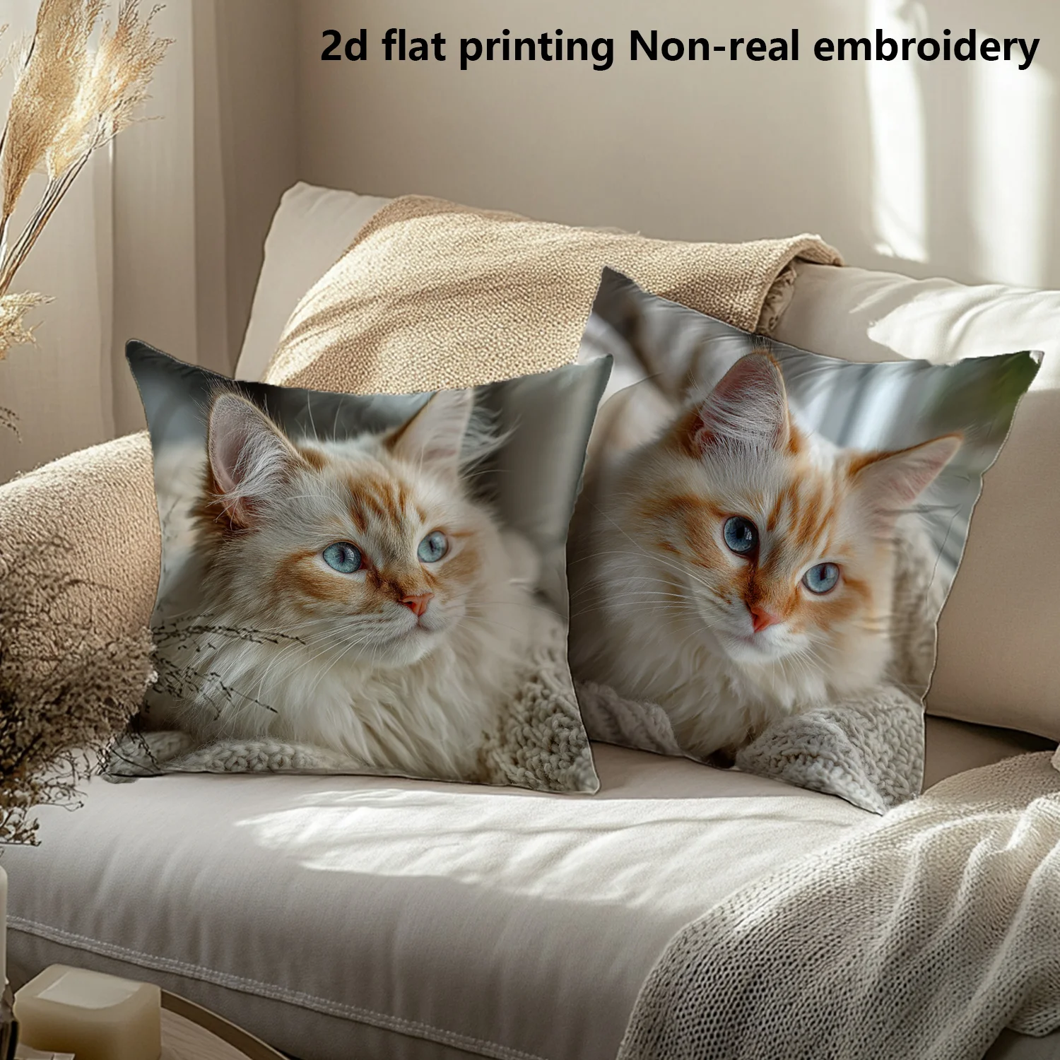 Lifelike Cat Photo Throw Pillow Covers, 2D Printed Fluffy Ragdoll Cat Print Cushion Cases, Cozy Aesthetic Decor for Sofa Bedroom