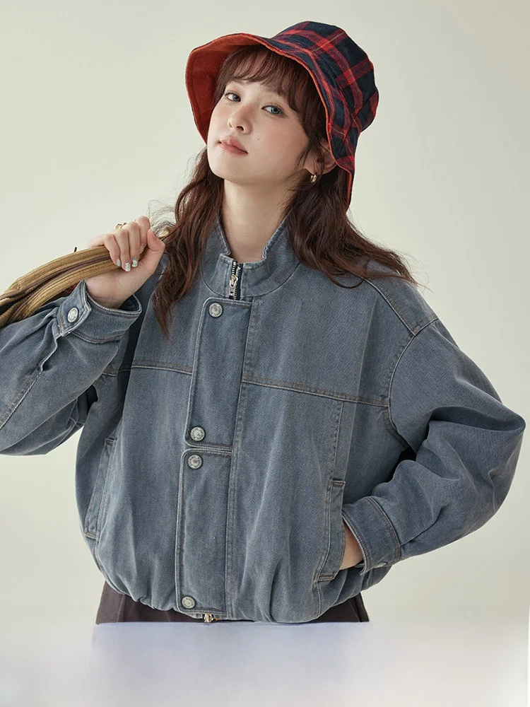 Chaqueta vaquera AMUU original azul claro con cremallera para mujer, estilo nuevo de primavera, hombros caídos, cuello alto