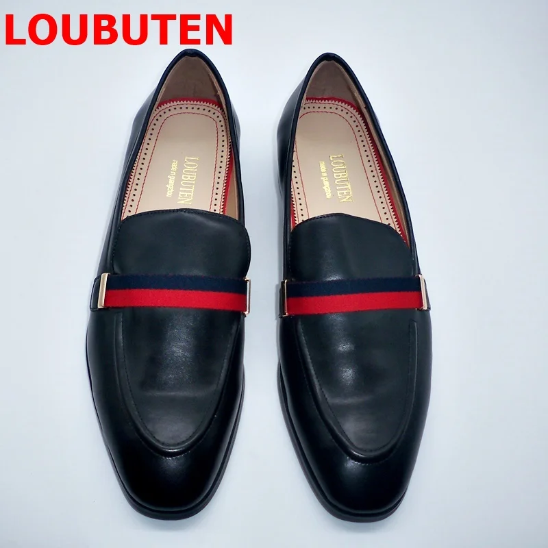 LOUBUTEN Luxury Fashion Italian Black Genuine Leather Loafers Handmade Men Dress Shoes Slip On Party Wedding Shoes