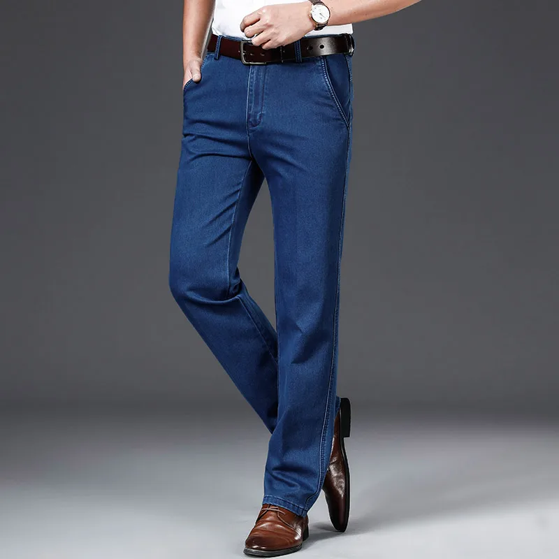 Men's Denim Spring Summer High Waist Loose Elastic Straight Casual Pants All-Match Denim Trousers