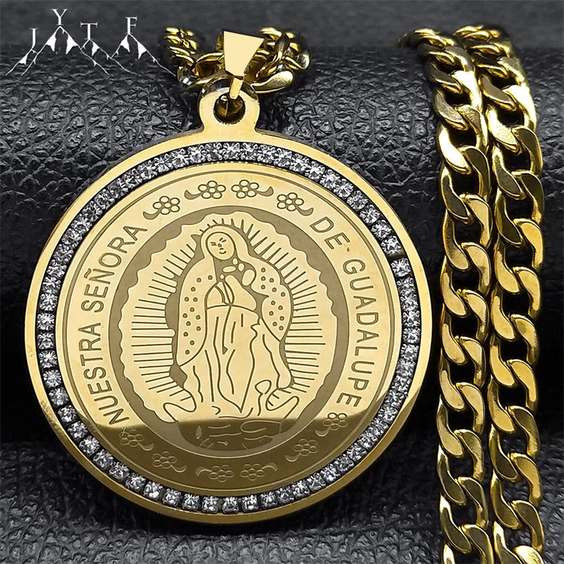 Hip Hop Stainless Steel Virgin Mary Big Crystal Pendant Necklace Men Our Lady of Guadalupe Jewelry virgen de guadalupe NZZZ483S5