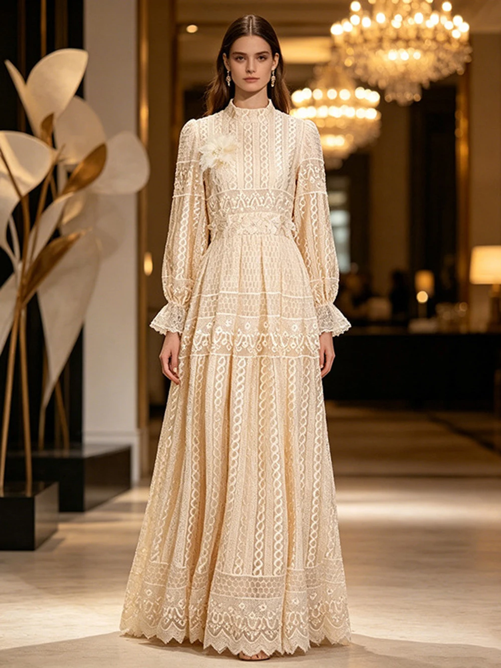 Modphy Solid Embroidery Spliced Plush Flower Temperament Long Dresses for Women High Neck Long Sleeves Lace Dress Female