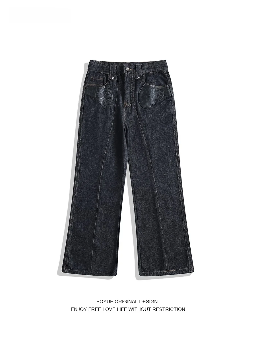 

Boyue, расклешенные джинсы в американском стиле ретро с крокодиловым узором, мужские повседневные брюки, свободная посадка на молнии со средней талией