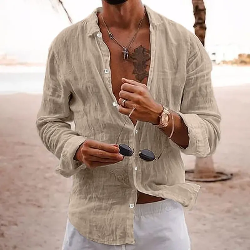 2024 New Men's Shirt Loose-Fit Single-Breasted Lapel Cotton Linen Long Sleeve Top Casual Style Solid Color Split Sleeve T-Shirt