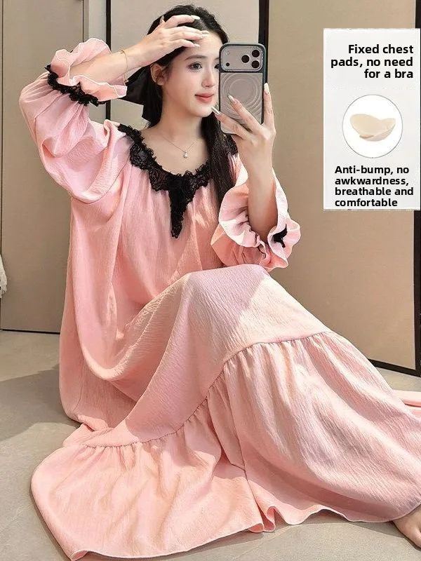 Elegant Long Sleeve Lace Sleep Dress Women's Style Summer 2026 Loose Home Clothes Long Dress Can Be Worn outside Sweet Style