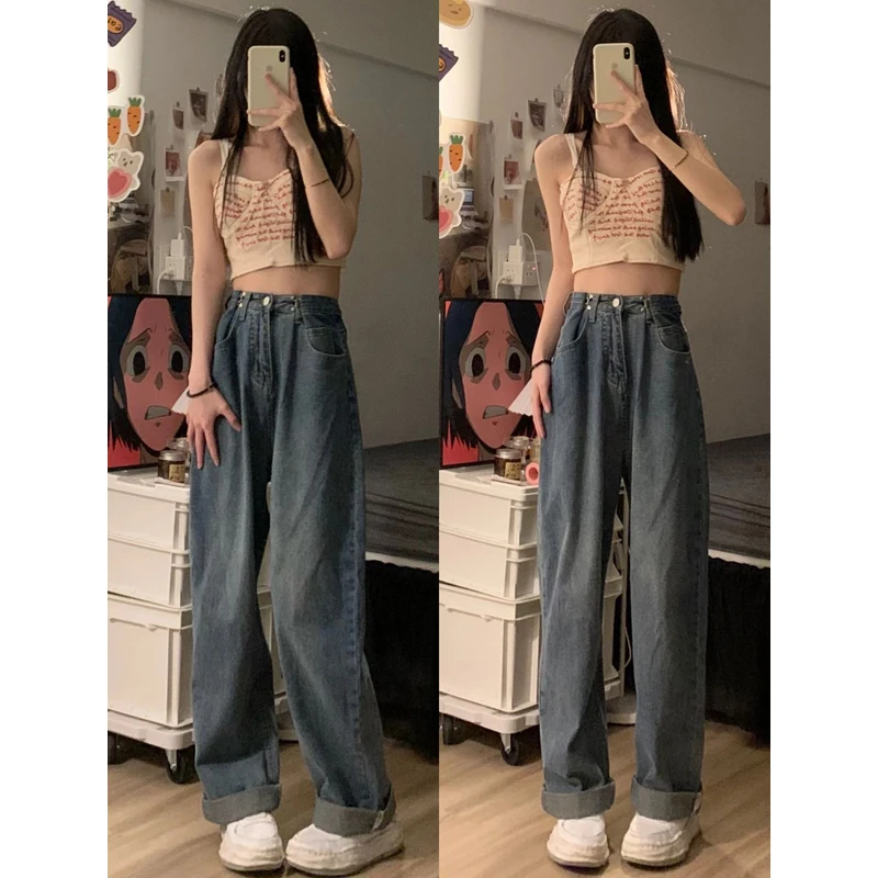 ارتفاع الخصر فضفاضة تناسب الطابق طول الدينيم الجينز المرأة الخريف جديد Sle التخسيس حجم كبير مستقيم الساق بنطال ذو قصة أرجل واسعة