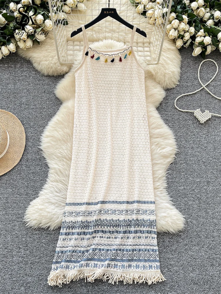 SINGREINY Fashion Knitting Tassel Bohemian Sundress Female Patchwork Loose Design 2025 Beachwear Spaghetti Strap Long Dress