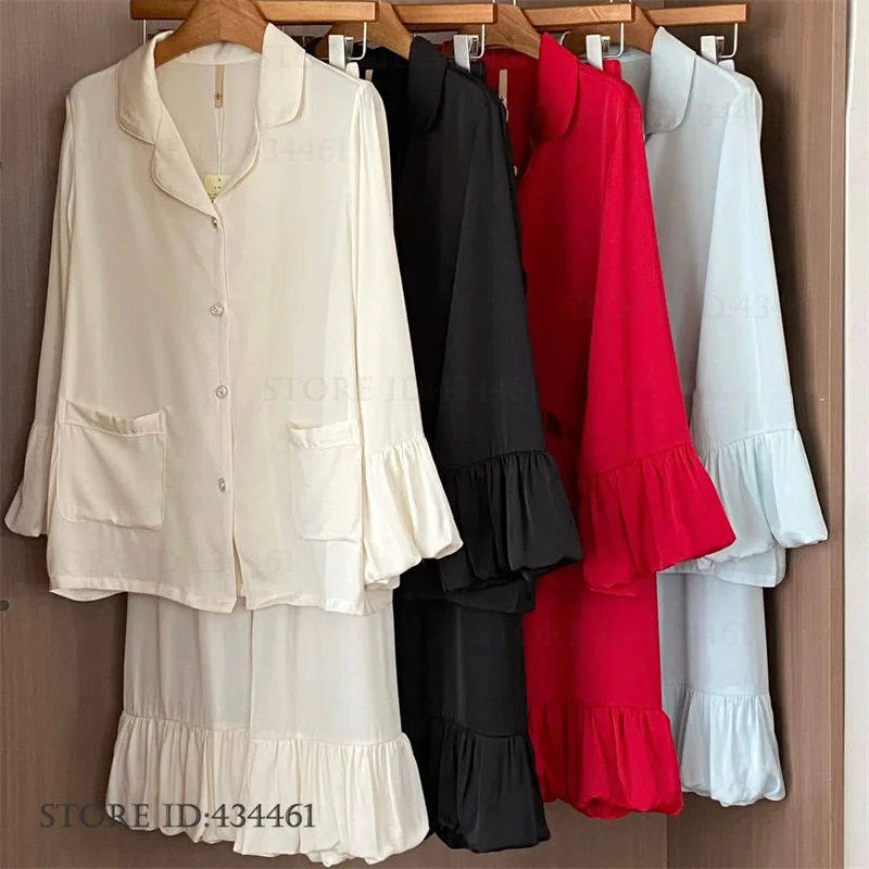 

Elegant French Style Long Sleeve Pajamas Set Female Loungewear Spring Autumn Imitation Cellulose Acetate Sleepwear Homewear Pjs