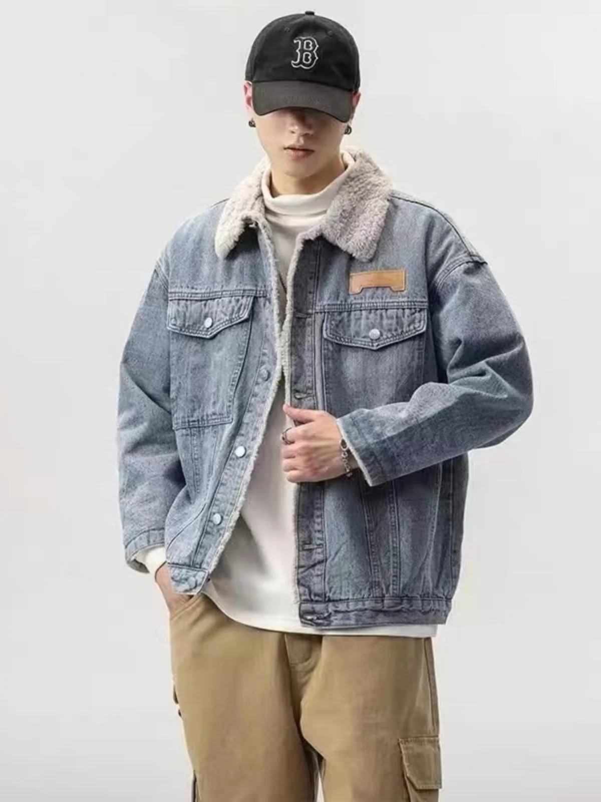 레트로 아메리칸 플리스 안감 따뜻한 남성 데님 재킷 루즈핏 코튼 워크웨어 가을 겨울 패셔너블 캐주얼 코트