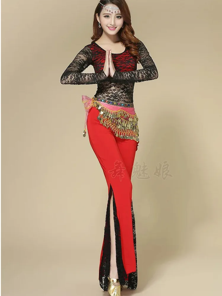 Lace Patchwork Oriental Costume Pants Dance Jazz Solid Color Halloween Women Adult Latin Clothes High Waist Festival Trousers