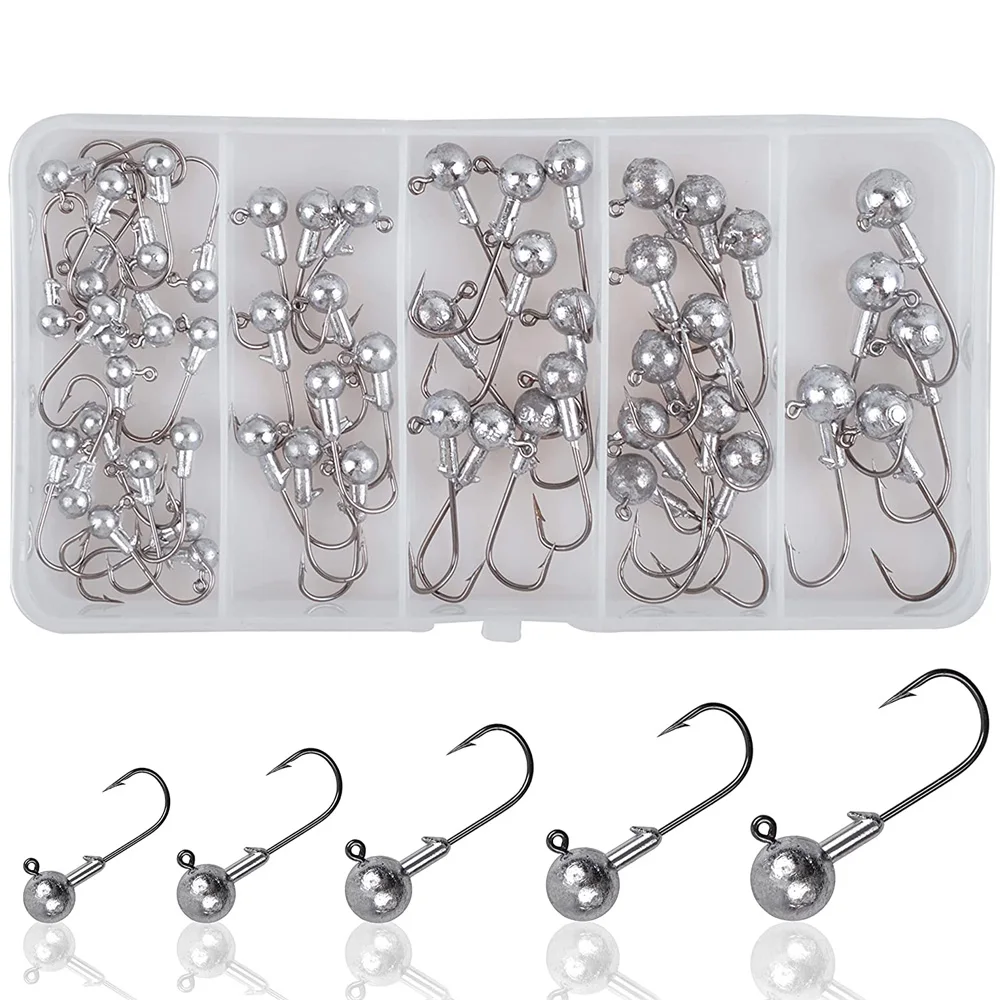 

55Pcs Jig Heads Hooks Set Crappie jig heads Unpainted Football worm jig hooks assortment for Bass Flounder Saltwater fishing Kit