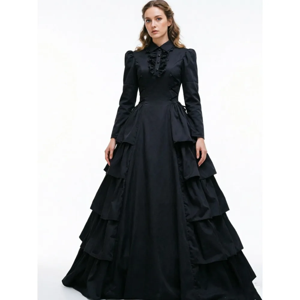 Medieval Victorian Dress Renaissance Gothic Lace Queen Princess Black Tiered Cosplay Costumes Halloween Long Dress