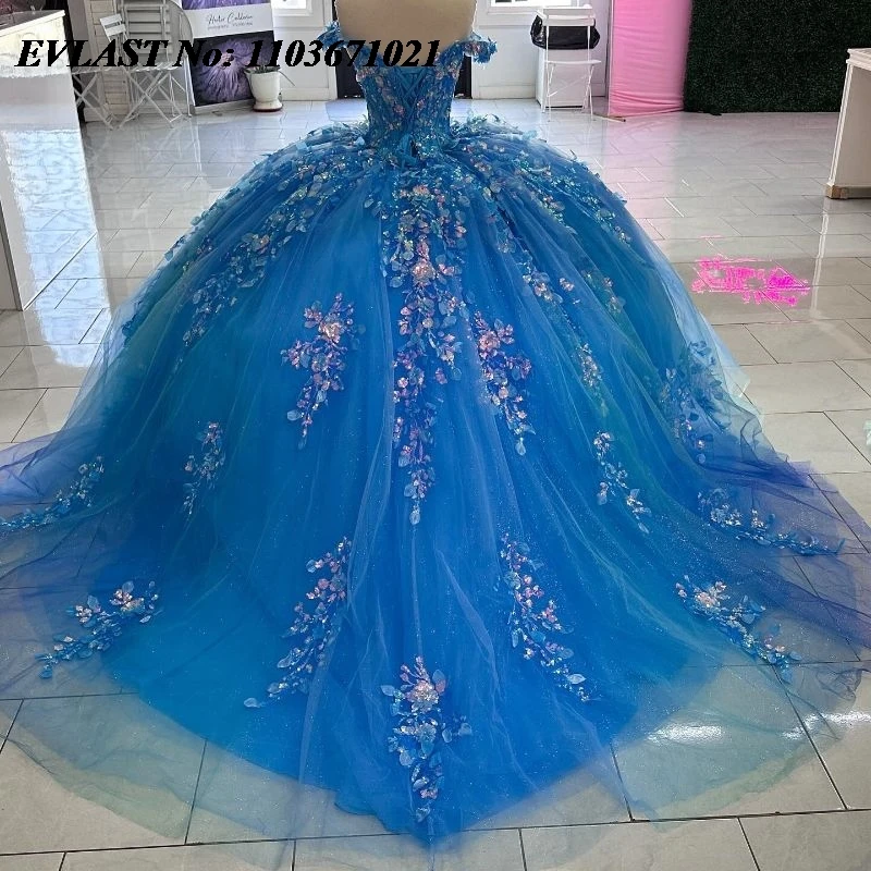 Evlast Glanzend Blauw Quinceanera Jurk Baljurk Kant Pailletten Met Kralen Kristal Korset Sweet 16 Vestidos De Xv 15 Anos Sq161