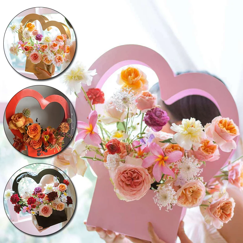 

1p Rose Heart Shape Flower Box Florist Gift Packaging Bouquet Hand Carton Box Creative Valentine's Day Birthday Party Decoration