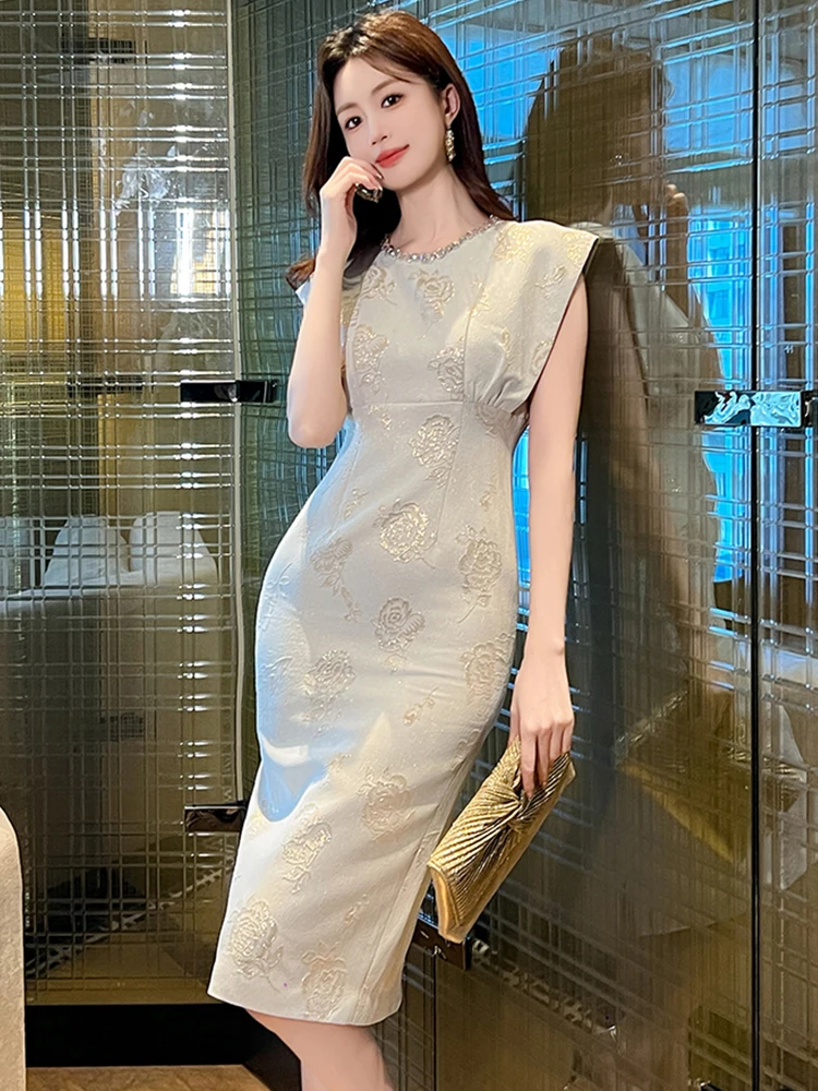 แฟชั่นฤดูร้อนทํางานสไตล์อย่างเป็นทางการชุดดินสอเสื้อผ้าผู้หญิง Elegant Rose พิมพ์ Slim Midi Party Prom Vestidos