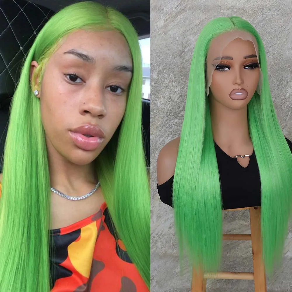 Apolaurel Green Synthetic Lace Front Wigs 13x6 Free Part Long Silky Straight Wig Apple Green Color Wig Cosplay Daily Wig 26inch