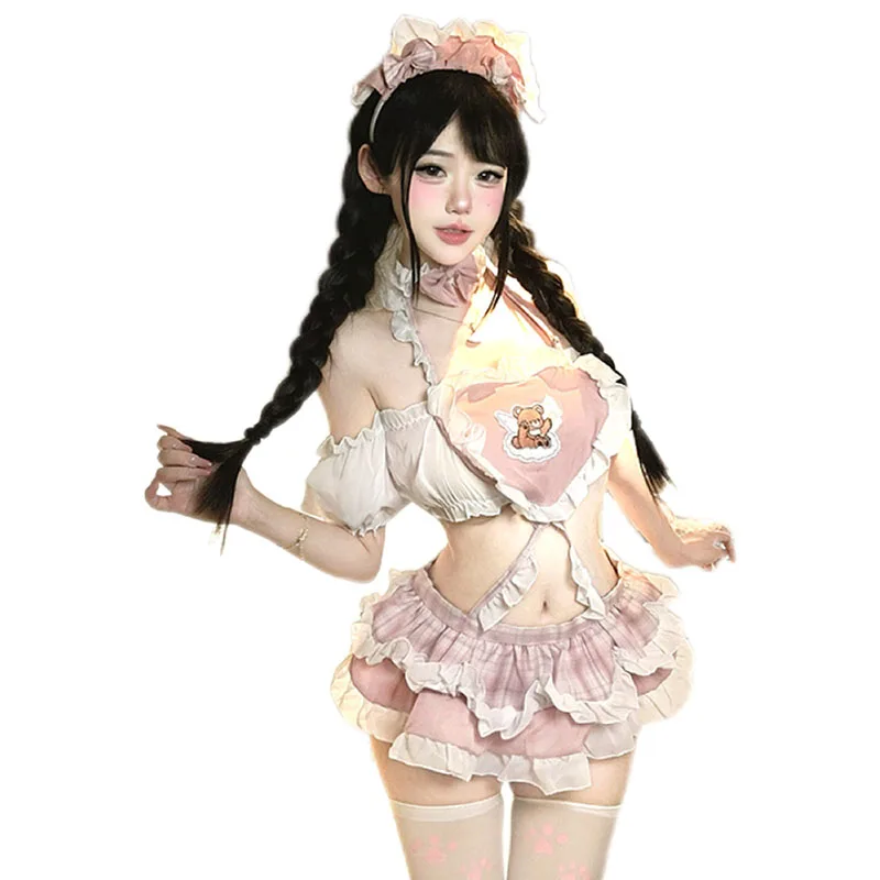Cute Pink Candy Girl Sweet Cake Maid Uniform Lolita Anime Princess Bowknot Halter Love Ruffle Skirt Outfit Sleepwear Costume