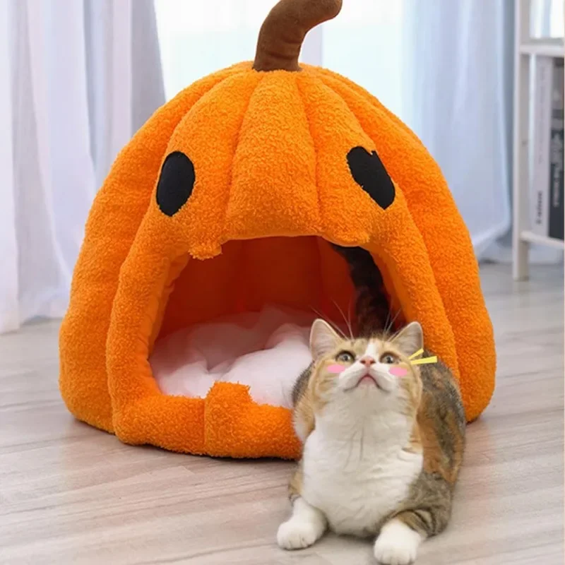 Cute Pumpkin Cat Bed for Indoor Cats Cat House Tent with Removable Washable Cushioned Pillow (20 Inch)