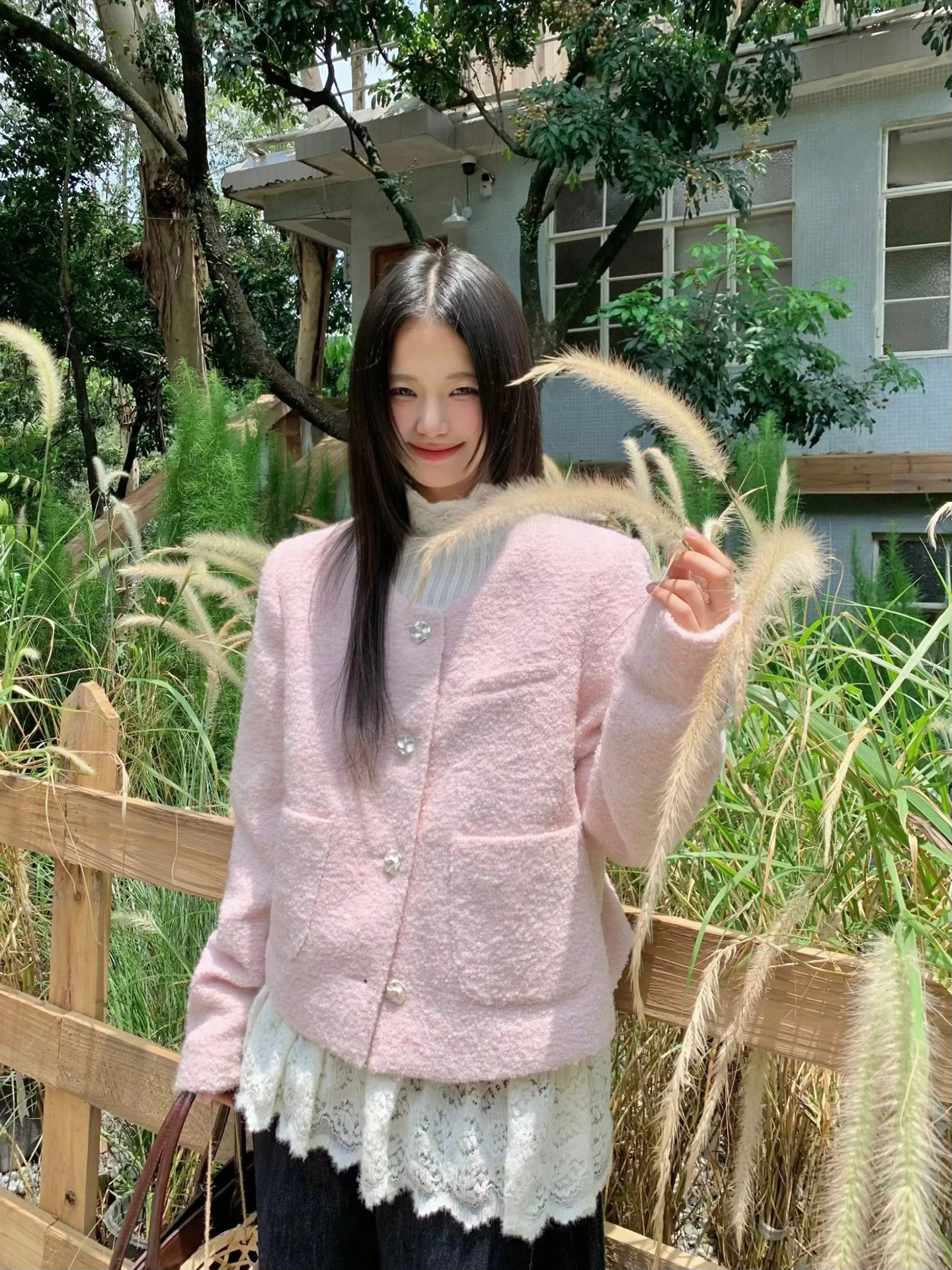 

Pink Woolen Quilted Jaet Small Size Casual ort Sle Autumn Faion Commute Sle round Ne Button up Ladies Coat