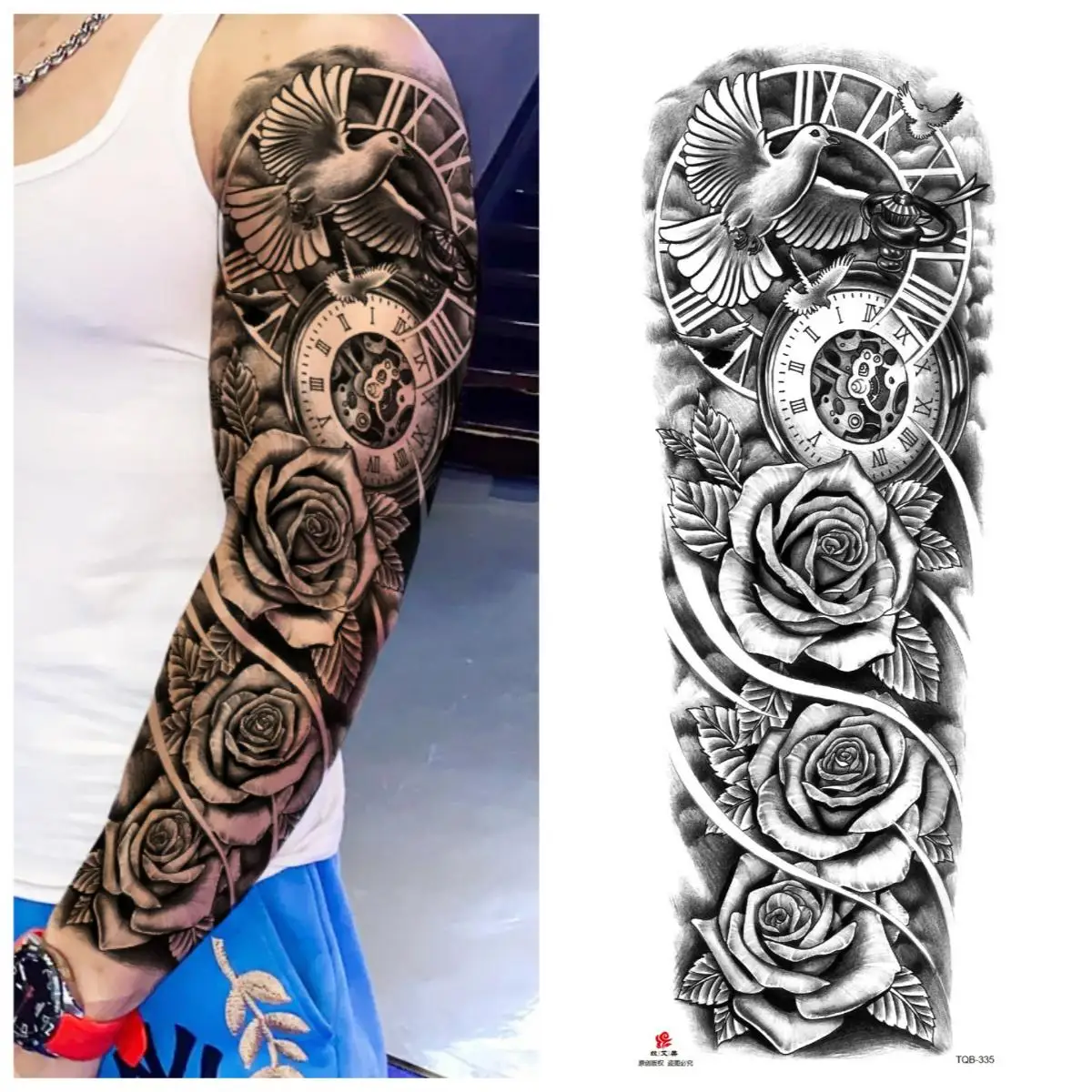 كبير كامل الذراع كم مقاوم للماء لصاقات وشم مؤقت على مدار الساعة زهرة الورد حمامة الطيور الطوطم وهمية الوشم الرجال النساء الساق