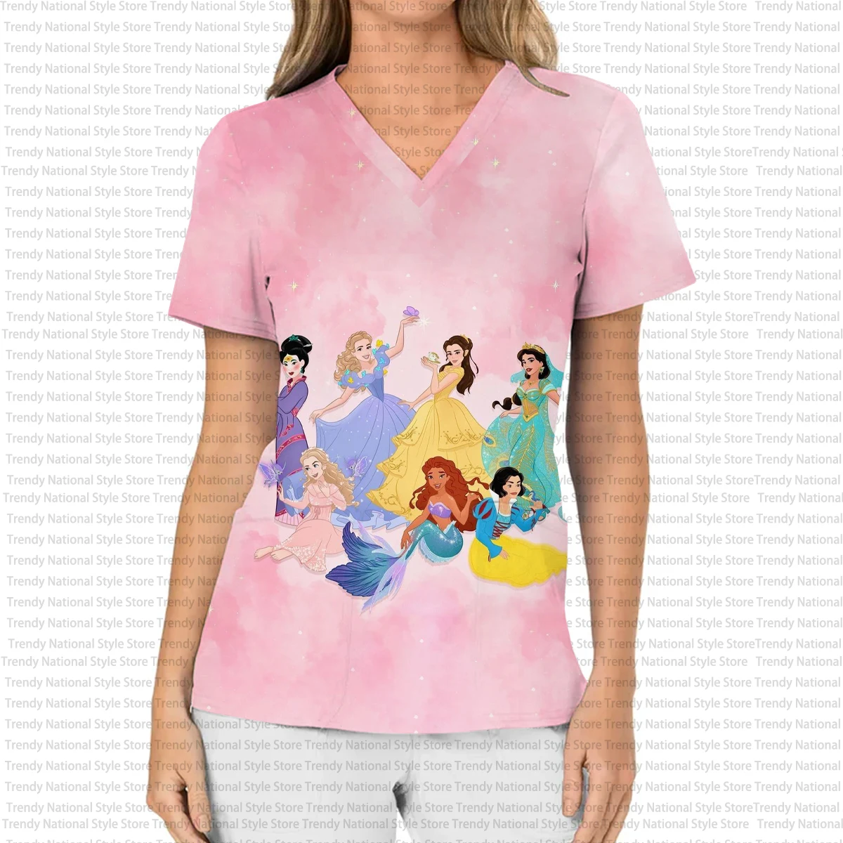 Irmãs moda casual workwear disney princesa impressão dental spa laboratório com decote em v fosco topo vestido médico camiseta