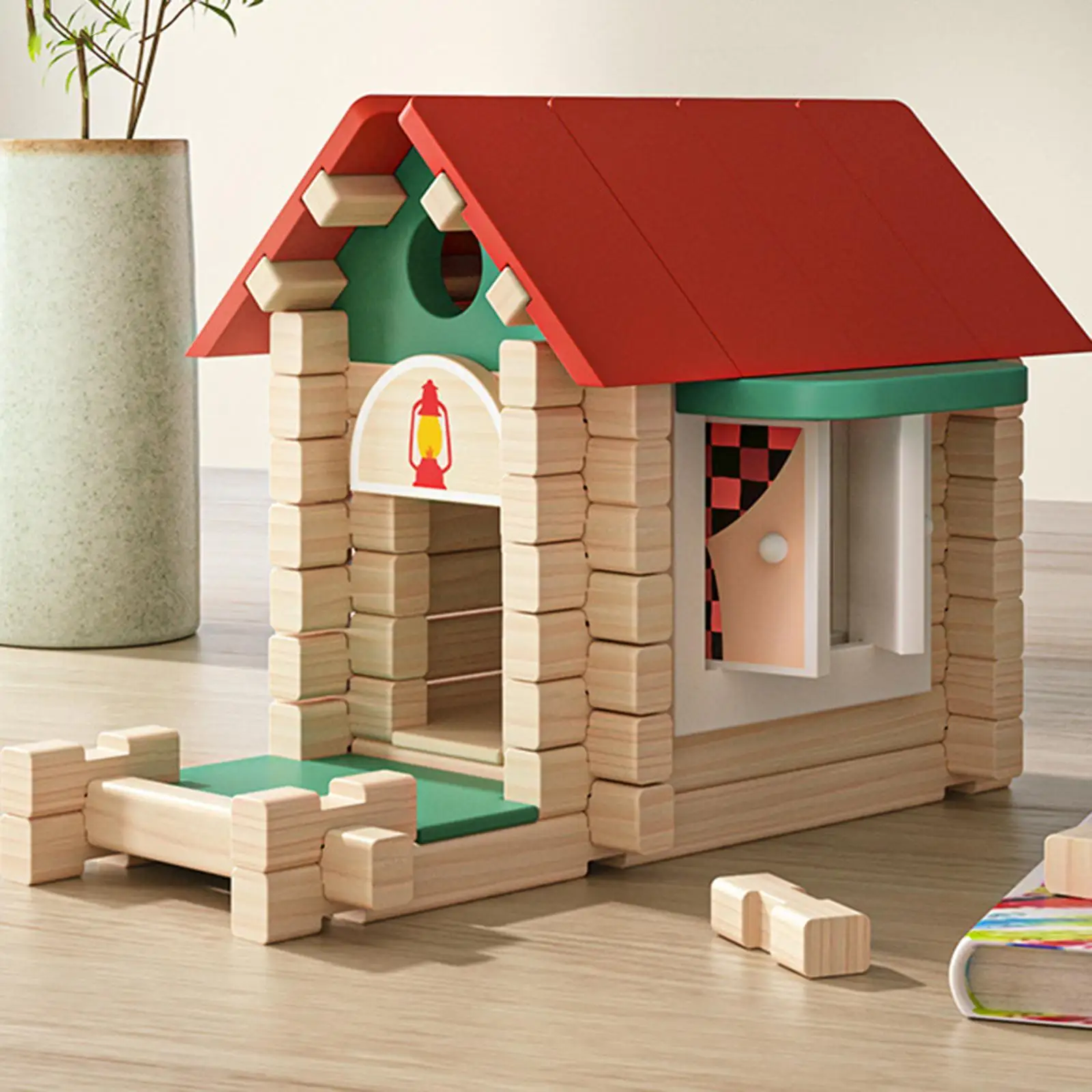 Wooden House Building Blocks Set Stacking Blocks Toy 3D Puzzles Kids Construction Toy for Boys Girls Ages 3 4 5 6 Years Old