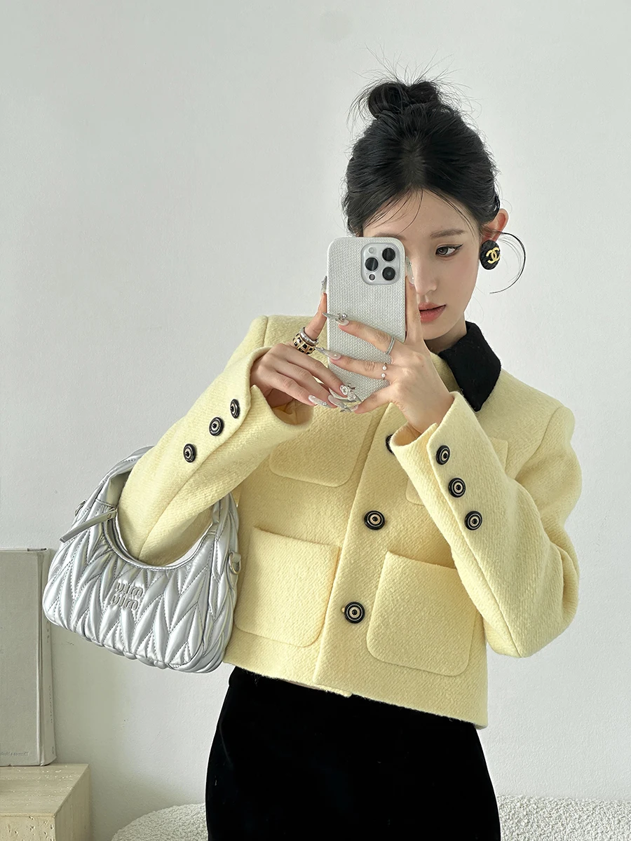 

Ge Yellow Woolen Korean Sle Jaet Women's New Sle Autumn Winter Coat Long Sve Straight Cut Commute Friendly Faion