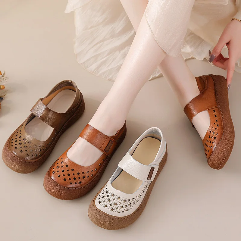 

New arrival cutout cow leather sandals women summer mary jane flats shoes woman hook loop soft loafer ladies breathable sandals