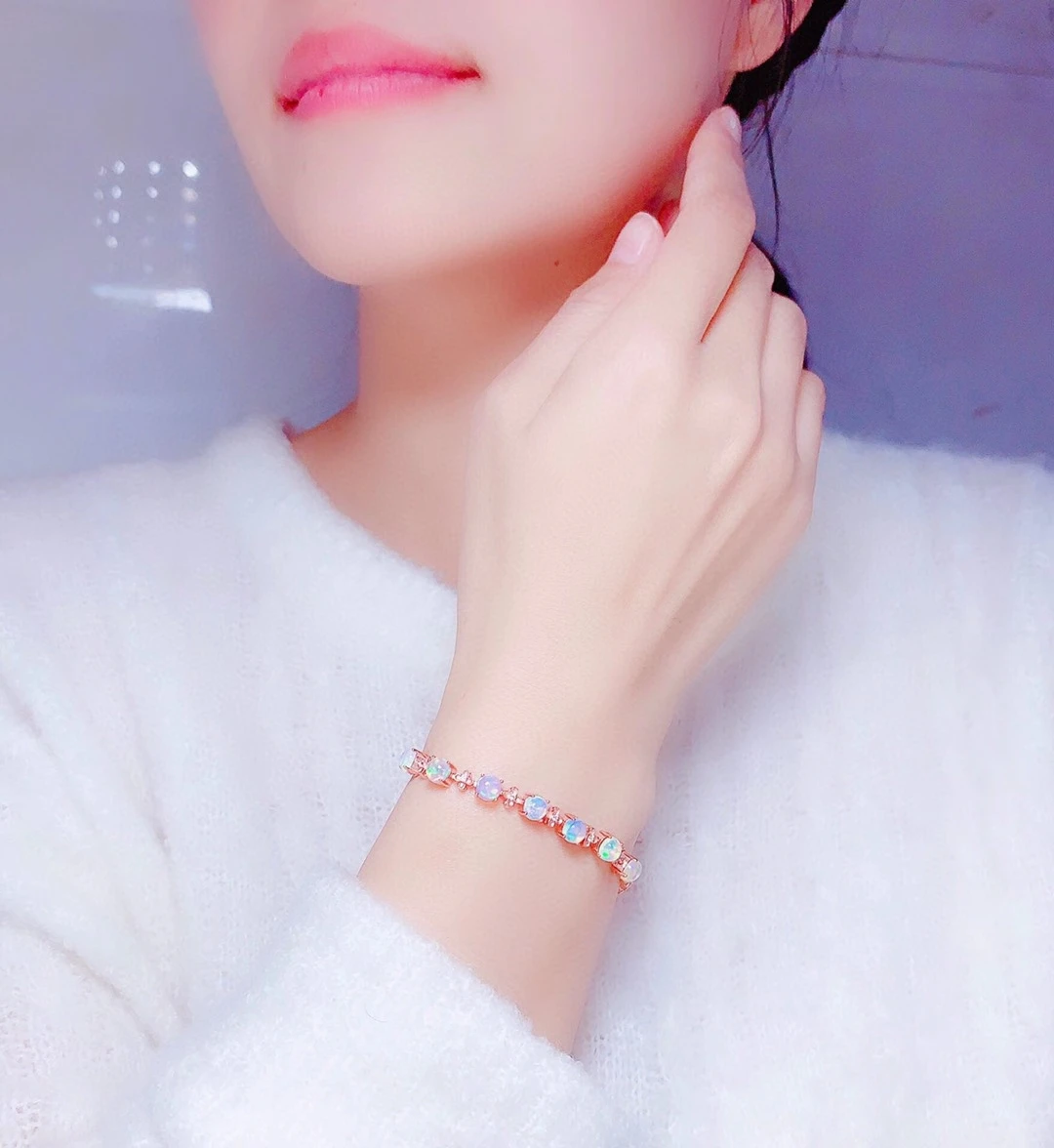 Fashion Natural Colored Opal Bracelet Ladies Jewelry Genuine 925 Silver Gold Plated Natural Stone Birthstone Party Favor