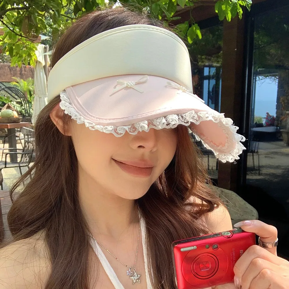 만화 캐릭터 스타일의 빈티지 리본 레이스 챙 여성용 썬햇, 넓은 챙, 사이즈 조절 가능, 자외선 차단 모자, 소녀용