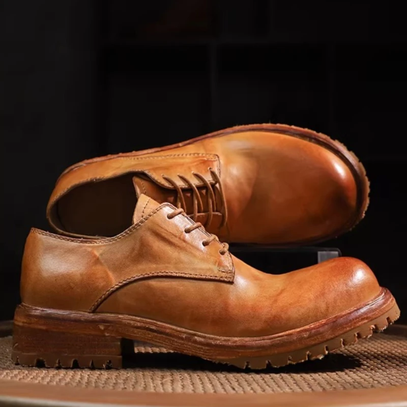 

Мужские повседневные туфли из мытой конской кожи, английские ретро-туфли ручной работы из конской кожи, дышащие, удобные, на подошве Goodyear, модель Derby