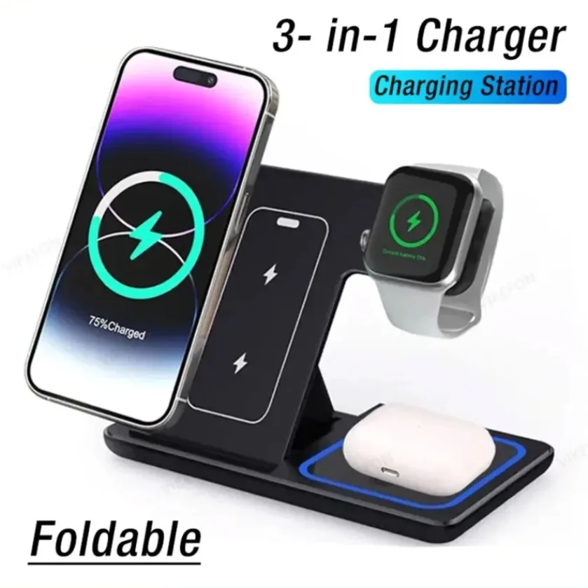 XIKCU Stacja ładująca do telefonu z szybkim ładowaniem Bezprzewodowa stacja ładująca do iPhone 16 15 14 13 12 Pro Max Apple Watch 10/9/8/7/6 AirPods 3/2