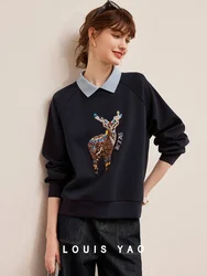 LOUIS YAO 2024 Fashion Craft Sequin Embroidery Long Sleeved Women's Hoodie Design Sense Contrasting Color Splicing Lapel Hoodie