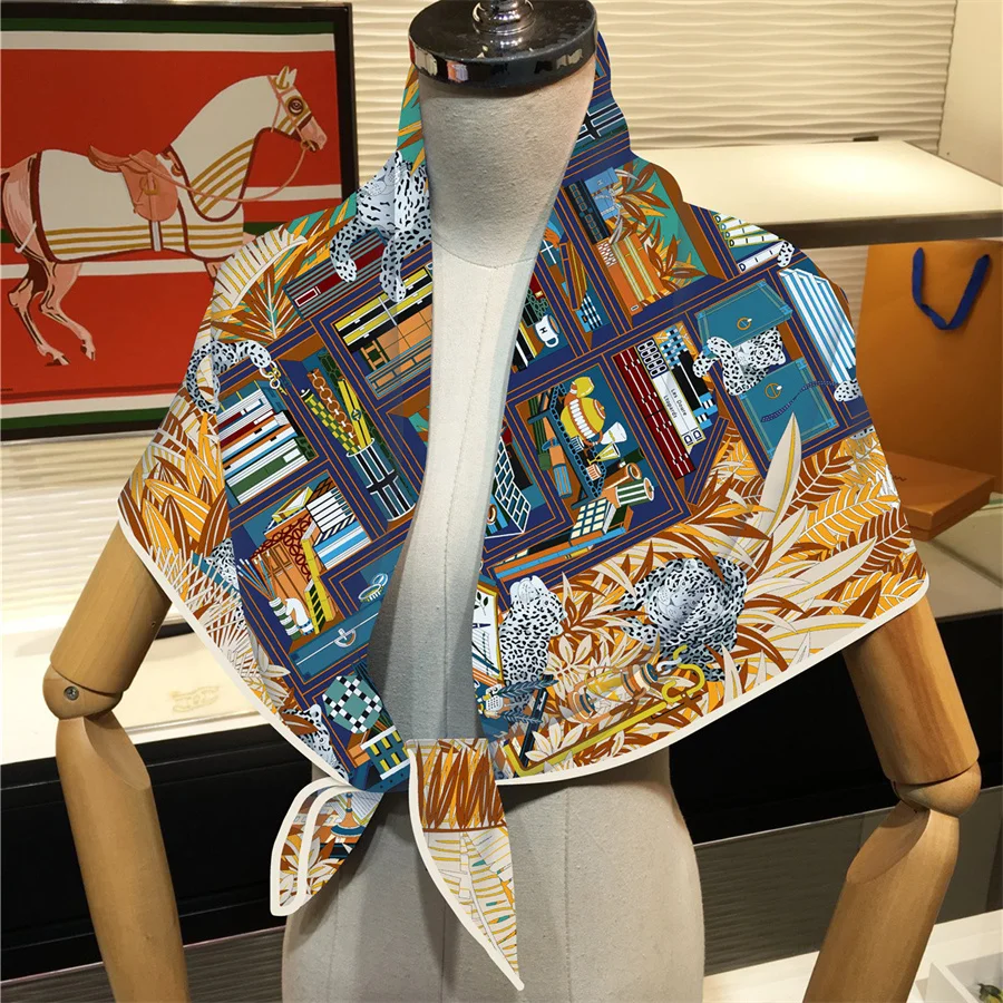 90CM Brand Luxury Twill Silk Scarf for Women Leopard Jungle Library Wrap Headband Shawl Stoles Hijab Lady Square Foulard Bandana