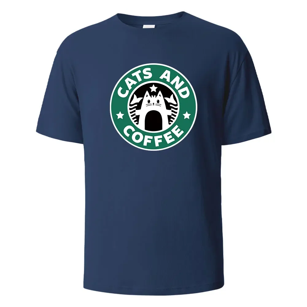 Cats And Coffee Street Funny T-Shirt For Men Fashion Casual Loose Cotton Clothing Crewneck Breathable Tshirt Hip Hop Tees