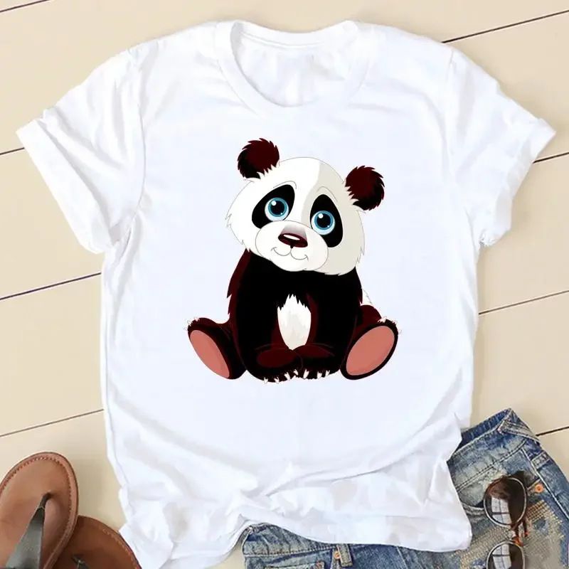 Camiseta de manga curta para as mulheres, roupas casuais, estilo panda, doce e adorável, moda, verão