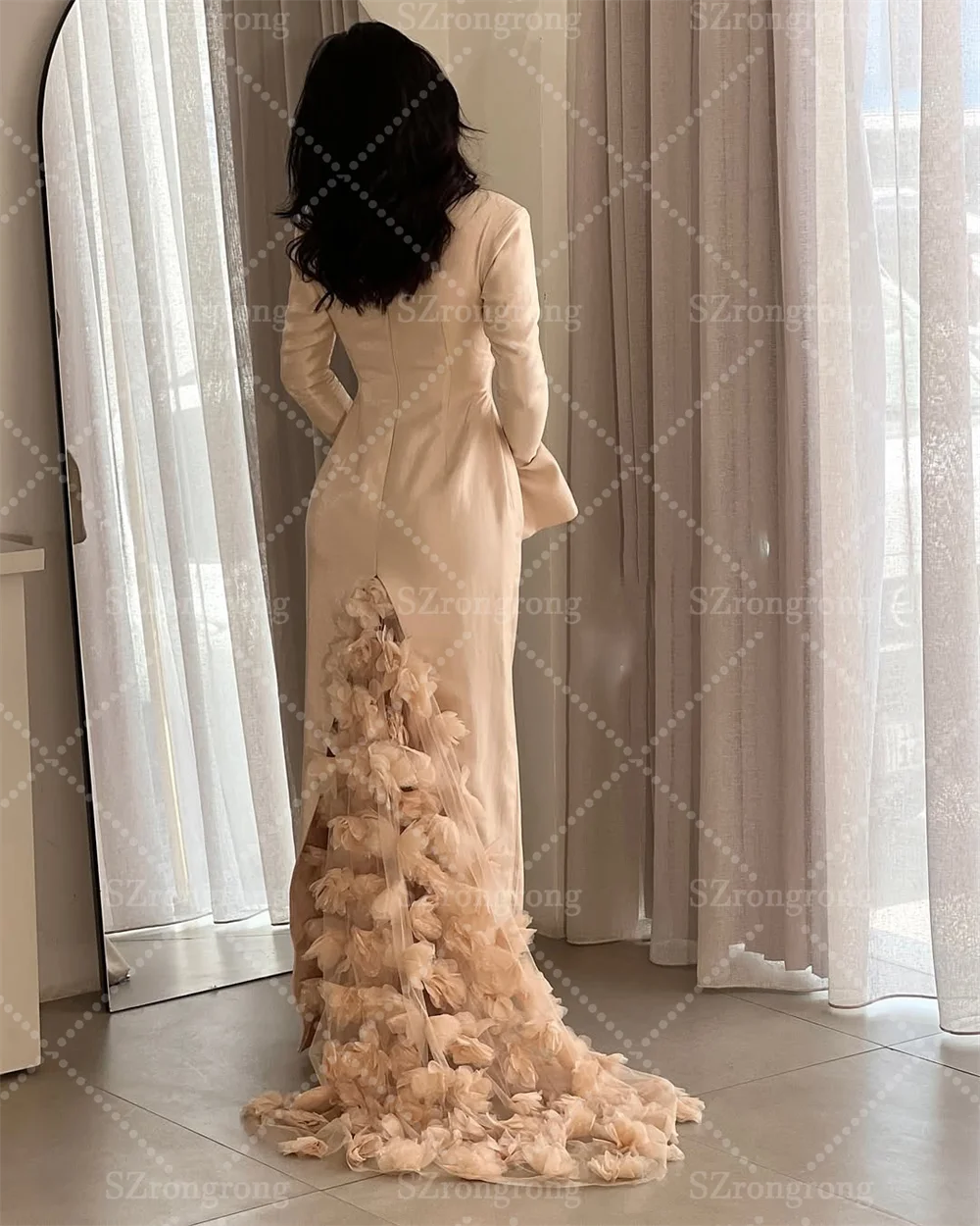 Vestido árabe saudí sin espalda con flores 3D y cuello barco de Jersey hecho a medida vestido de fiesta de noche hasta el suelo con tren