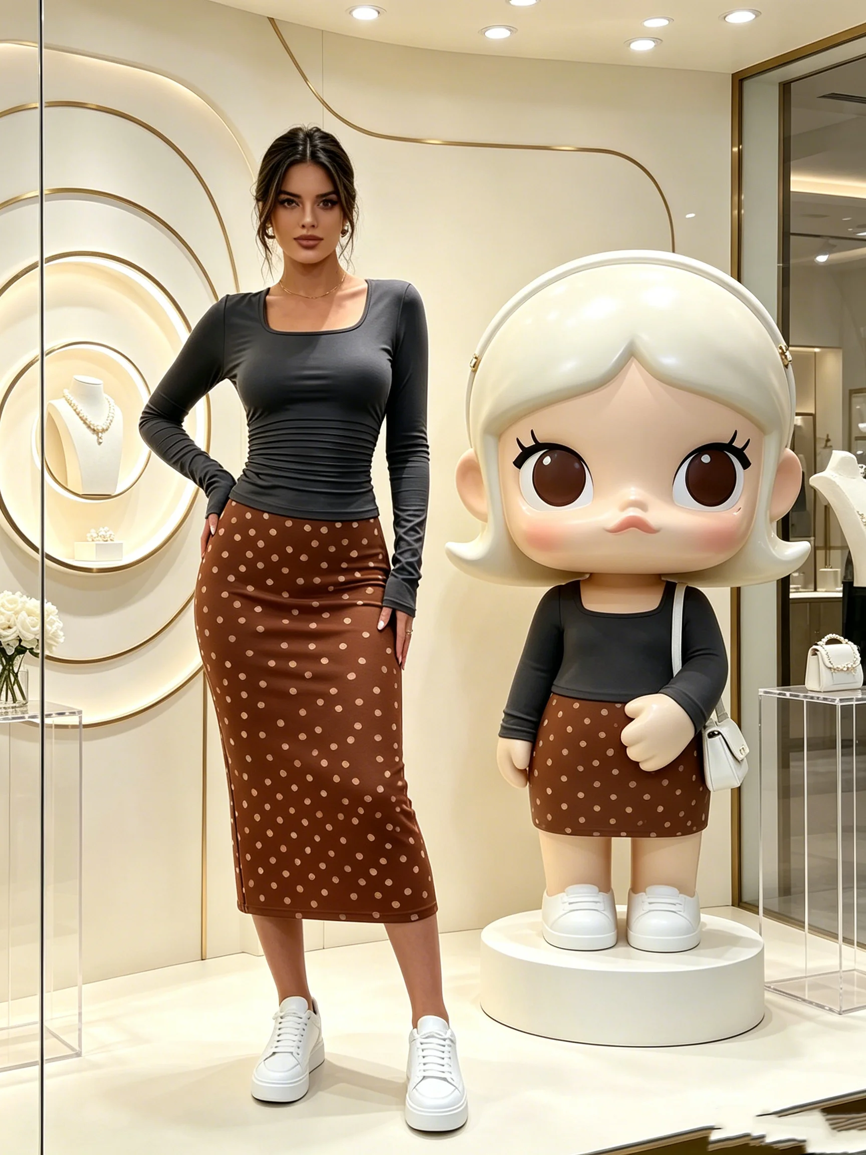 Women's Casual Elegant Solid Color Square Neck Long Sleeve T-Shirt Elastic Waist Skirt Set Polka Dot
