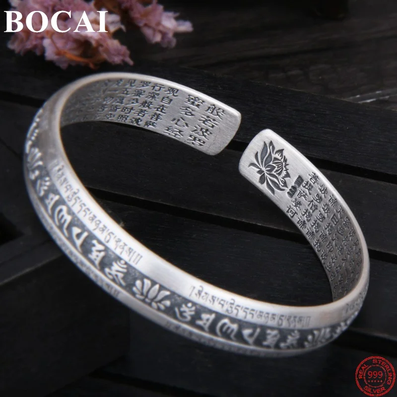 BOCAI S999 Sterling Silver Braceles for Men Women Six Syllable Mantra Heart Sutra 6/ 8 /10mm Bangle Amulet Jewelry