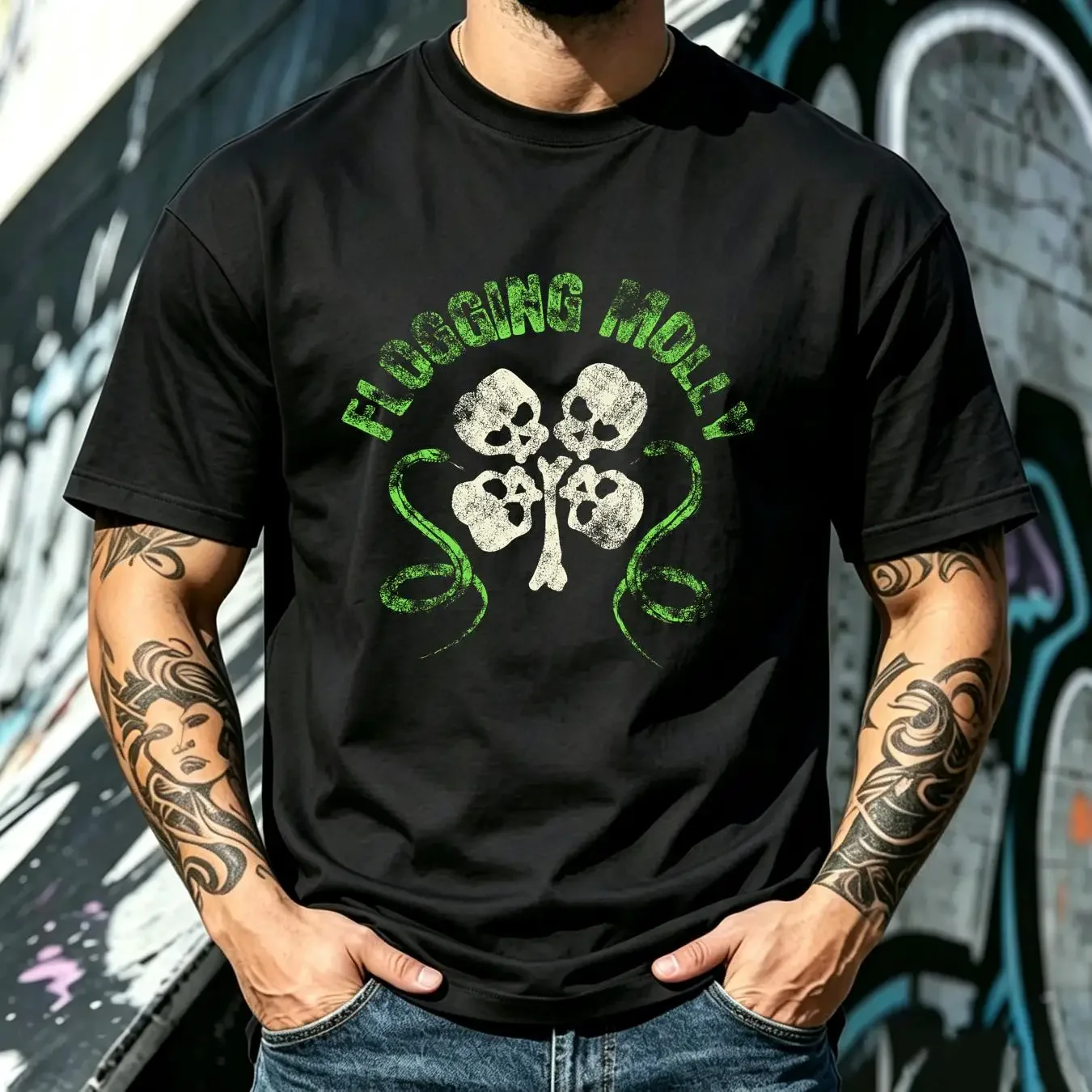 washed T Shirt Flogging Molly Size M Black Skulls Snakes Irish Band Rock vintage Washed fashion Stylish Casual Unisex
