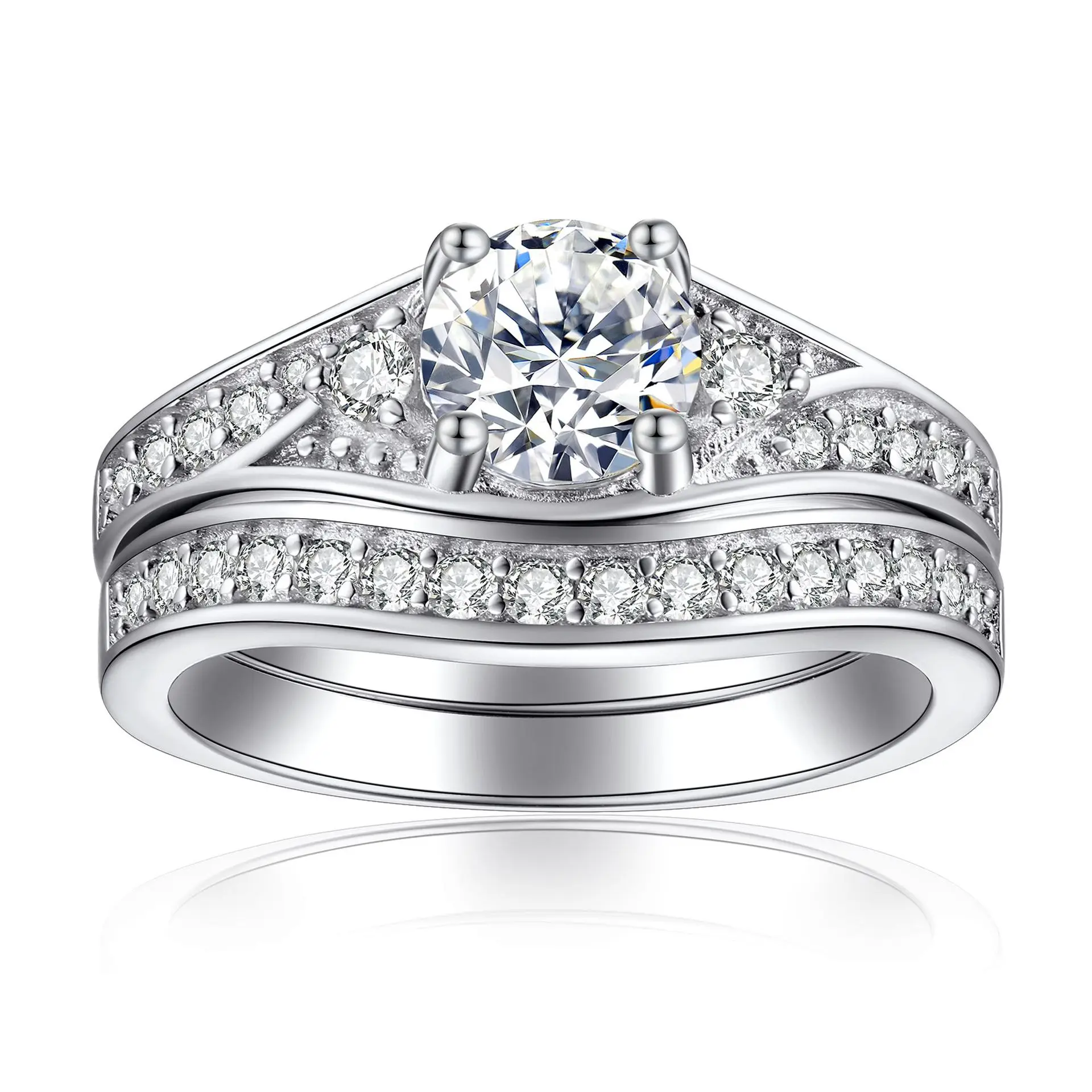 

S925 pure silver plated 18K gold PT950 platinum diamond plated women's fashionable gemstone ring set set set, 2-piece set