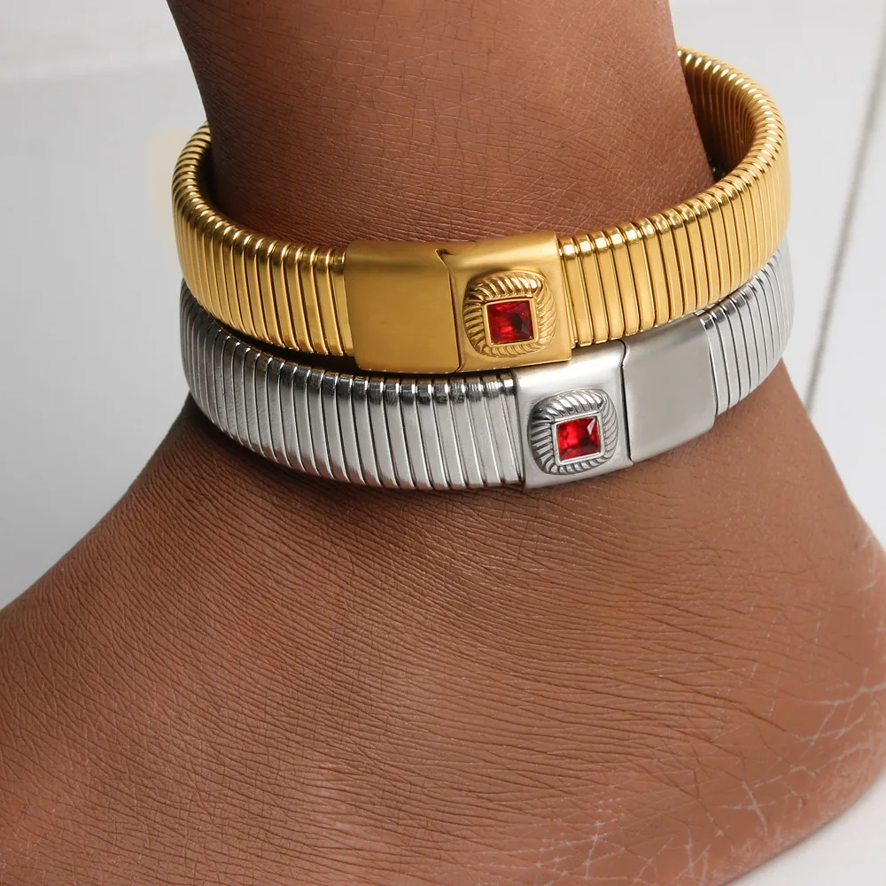 DIY accessories light luxury high-end titanium steel anklet personalized fashion ruby striped wide-sided anklet spot foot jewelr